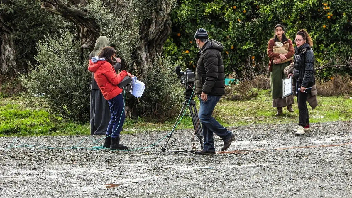 Behind-the-scenes moment on a television drama production set