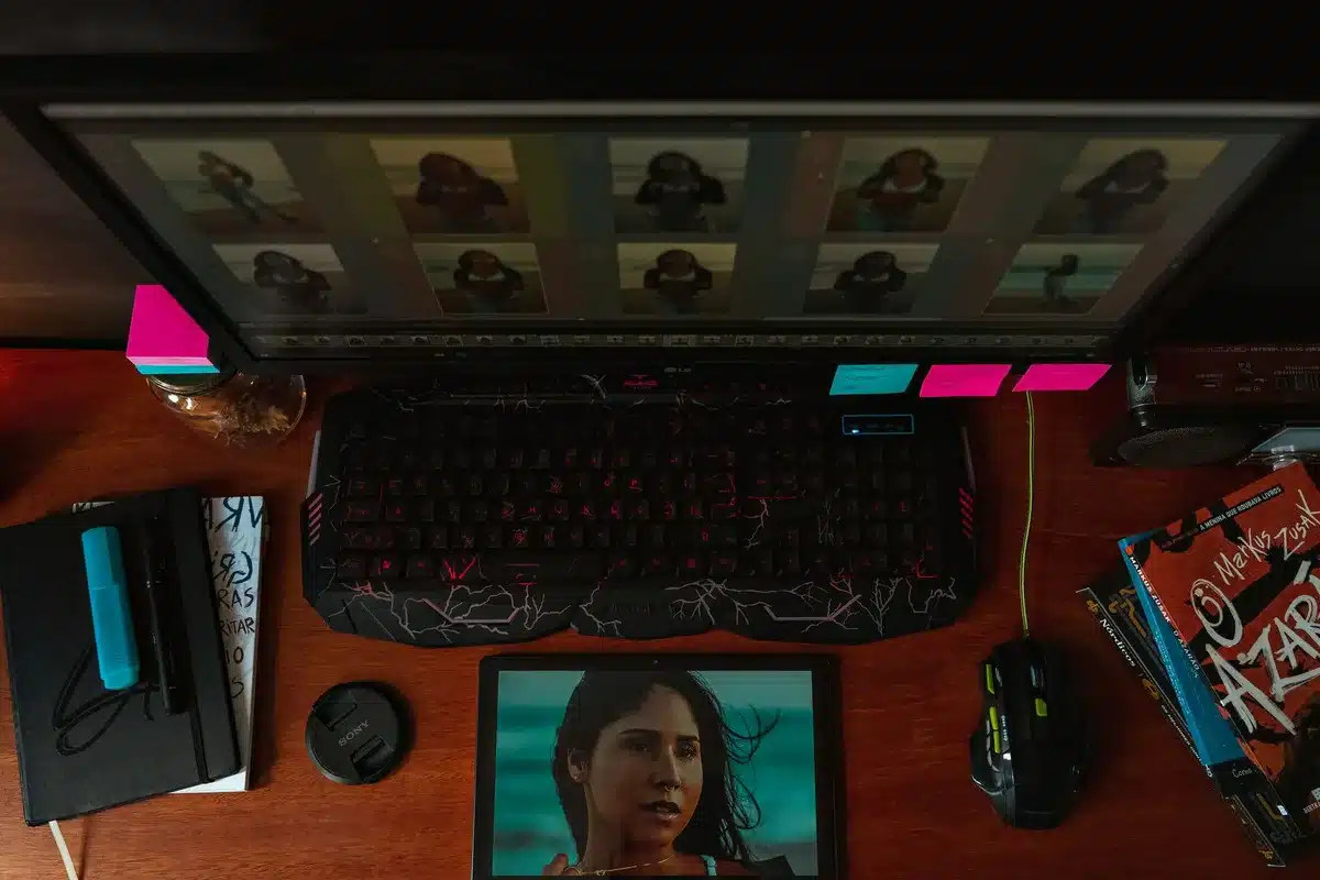 Animator's desk with sketches and glowing monitor in soft studio light
