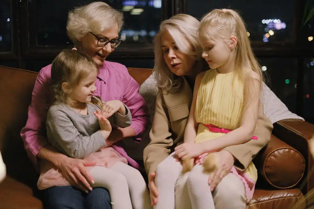 A family home interior with warm lighting, showing a grandmother figure in a domestic scene