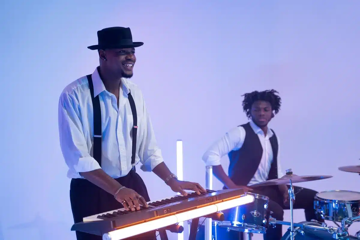 Live musicians performing with instruments on stage during a concert