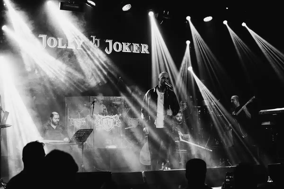 Live band performing on stage with dynamic lighting and instruments