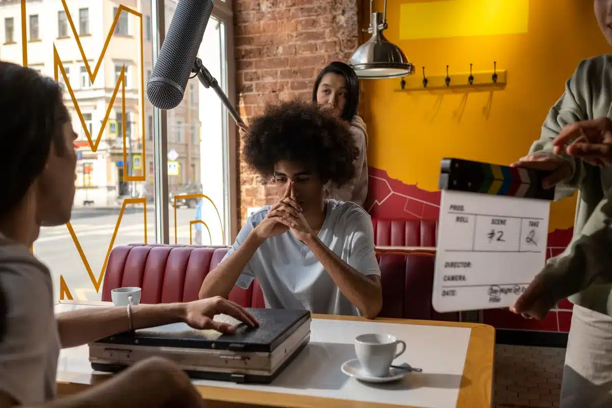 Diverse ensemble of actors on a film set during production