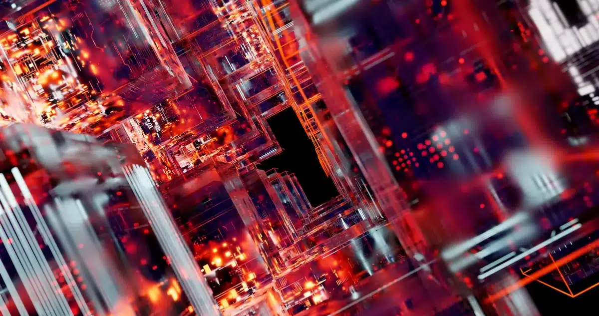 Futuristic command center with holographic displays and glowing technology interfaces