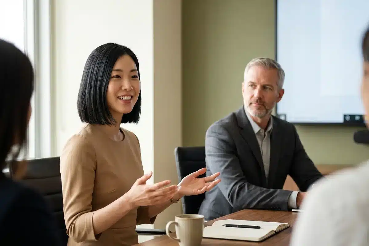 An 18-member leadership team seated around a large wooden conference table in a sunlit boardroom, with a world map visible on the wall behind them and documents spread across the table, representing the strategic leadership council's diverse expertise.