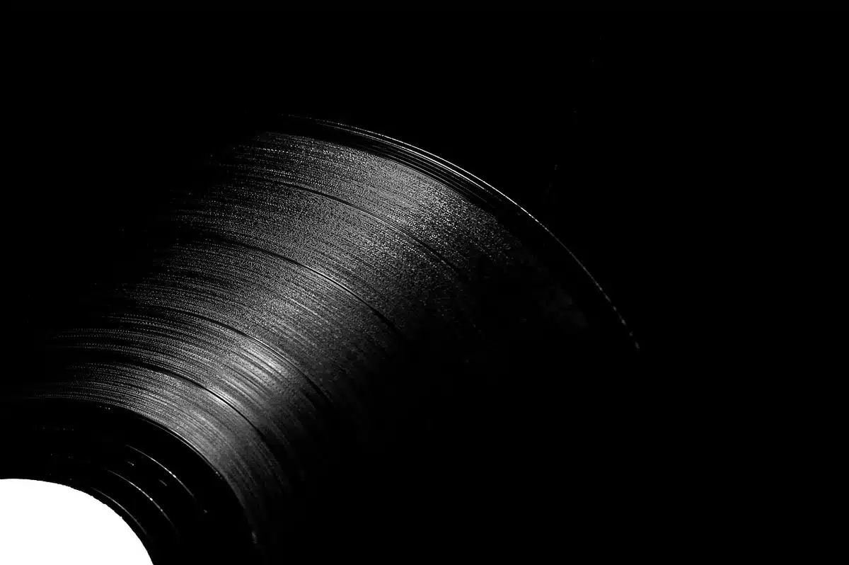 Close-up of an album tracklist on a vinyl sleeve