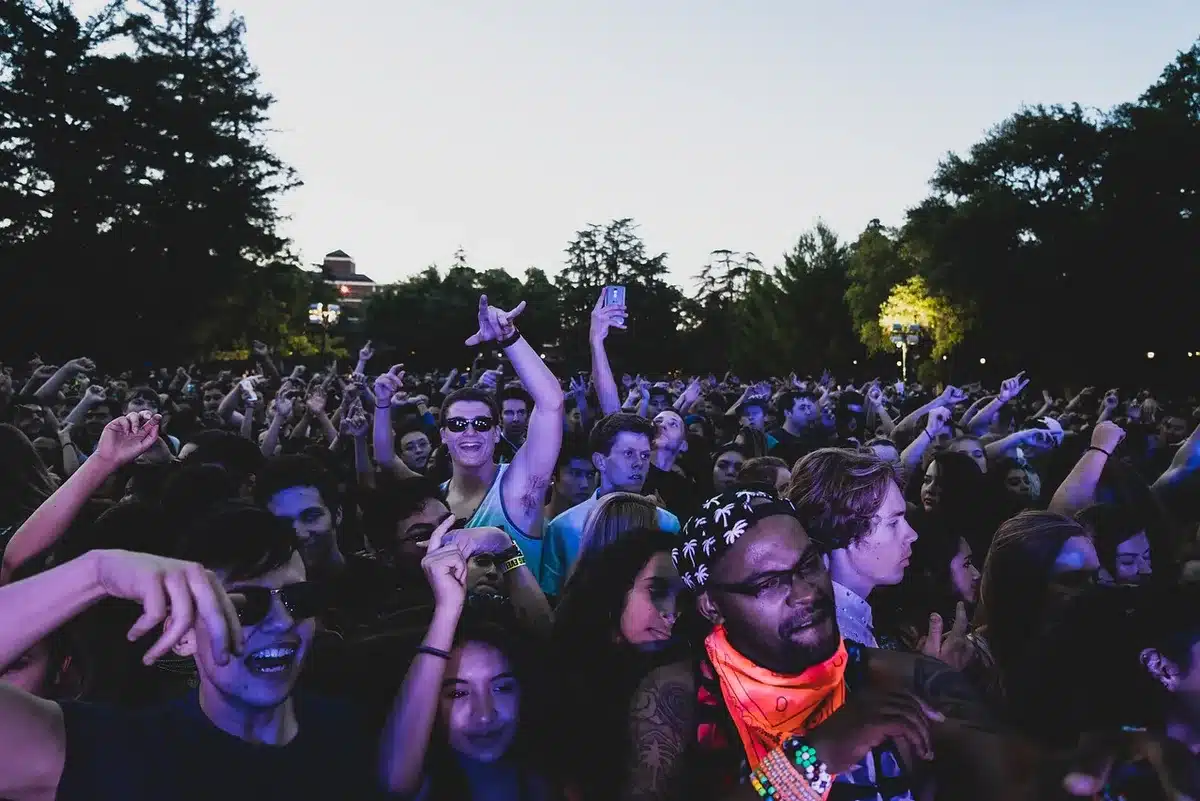 A packed festival crowd with raised arms and waving hands in silhouette against stage lights, faces blurred and anonymous, energy and motion throughout the frame