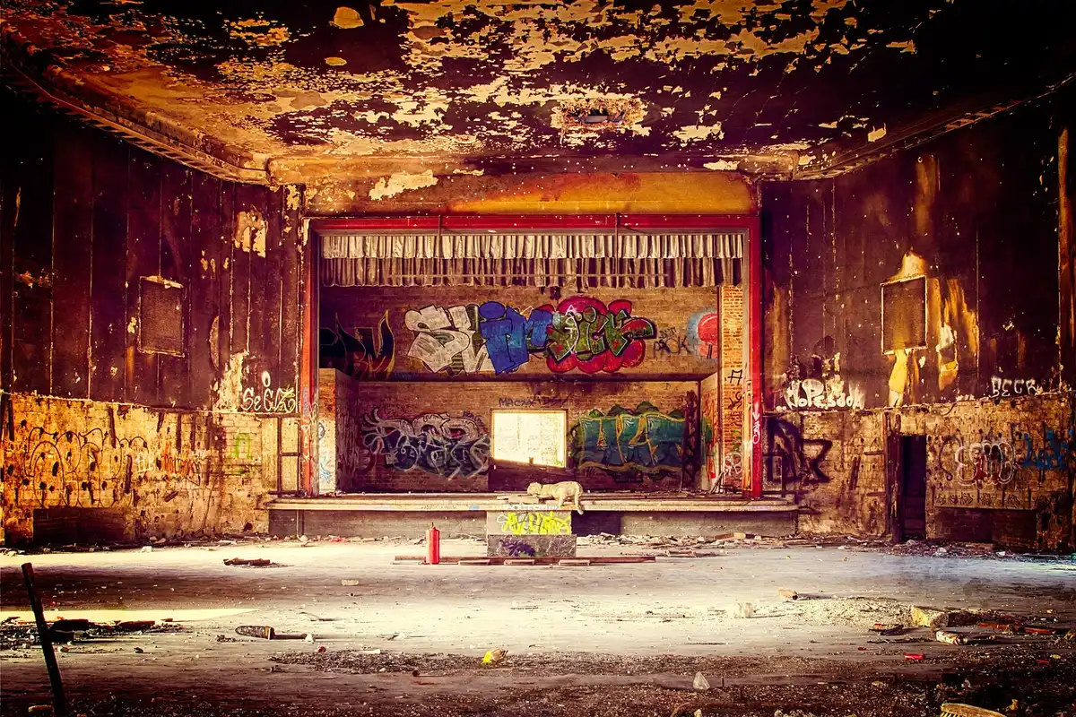Empty theater aisle with a single spotlight on a draped chair, dust motes visible in the beam; no people, no logos