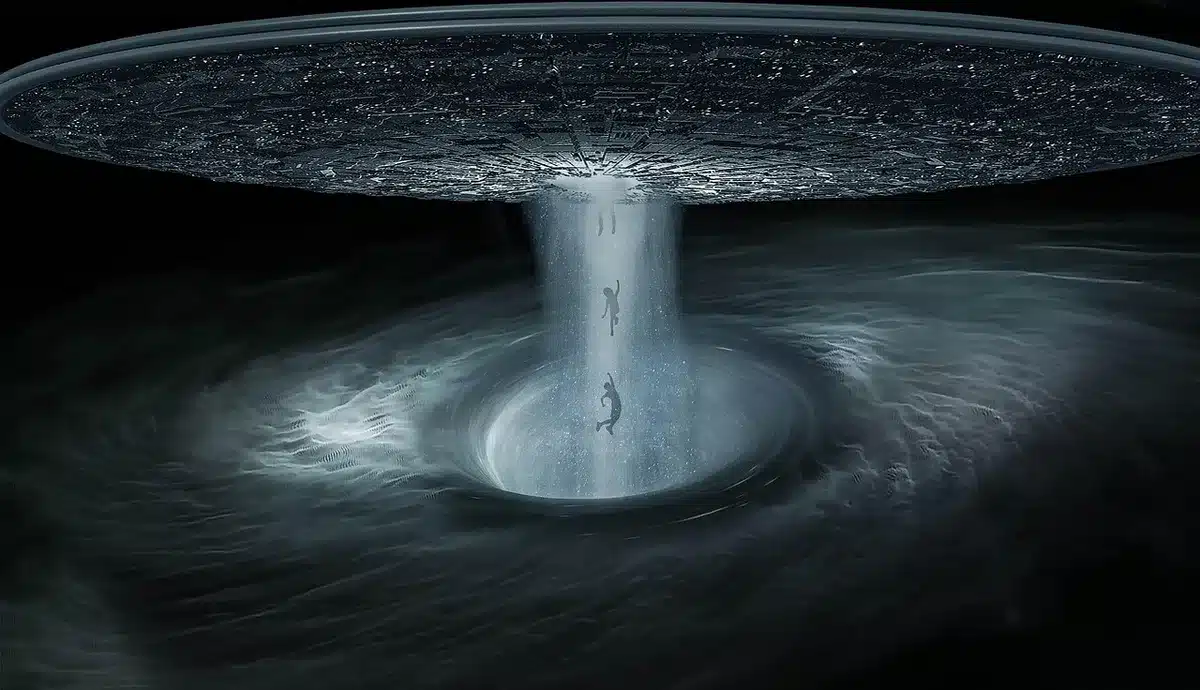 Viewers watching sci-fi mystery unfold on screen with glowing digital elements in dim lighting