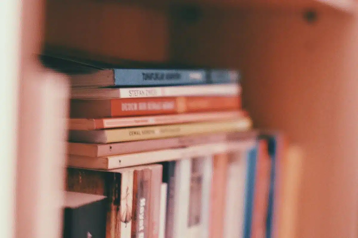 A closed paperback with generic cover art on a wooden table, a pair of reading glasses nearby, warm afternoon light