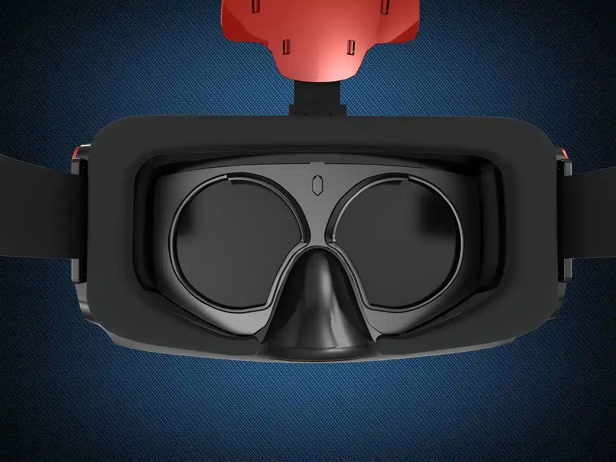 An anonymous person wearing VR headset in a demo booth, hands raised mid-gesture as if interacting with virtual content, warm ambient lighting creating a sense of immersion and wonder.