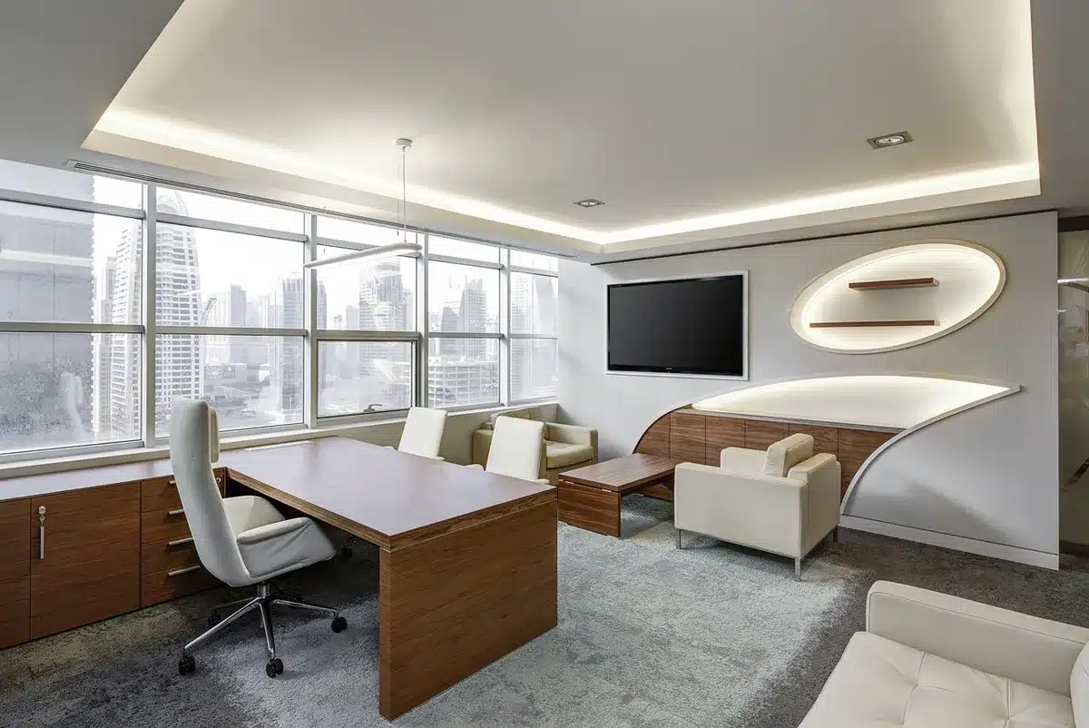Film producer and executive working in a modern studio office environment