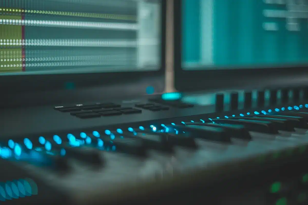 Recording studio with guitar amplifiers and synthesizer equipment in warm, atmospheric lighting