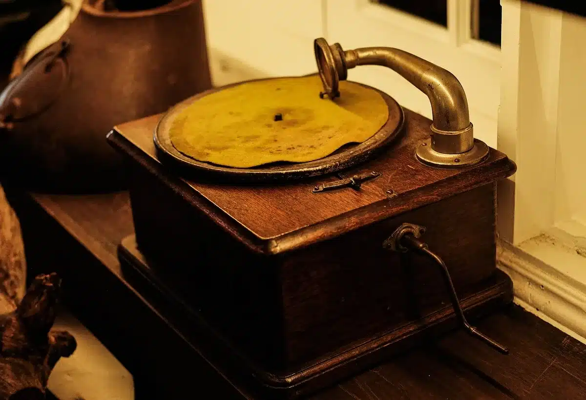 Close-up of a record sleeve showing a printed tracklist