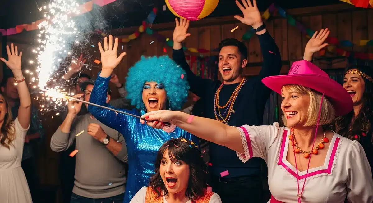 A small group of anonymous figures in unbranded, colorful, coordinated costumes gathered on a stoop, backs turned to camera, one holding a simple paper prop – playful group vibe