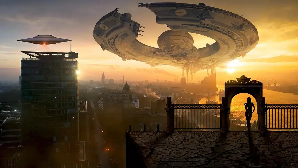Rooftop overlooking a city skyline, suggesting a hero guarding the city
