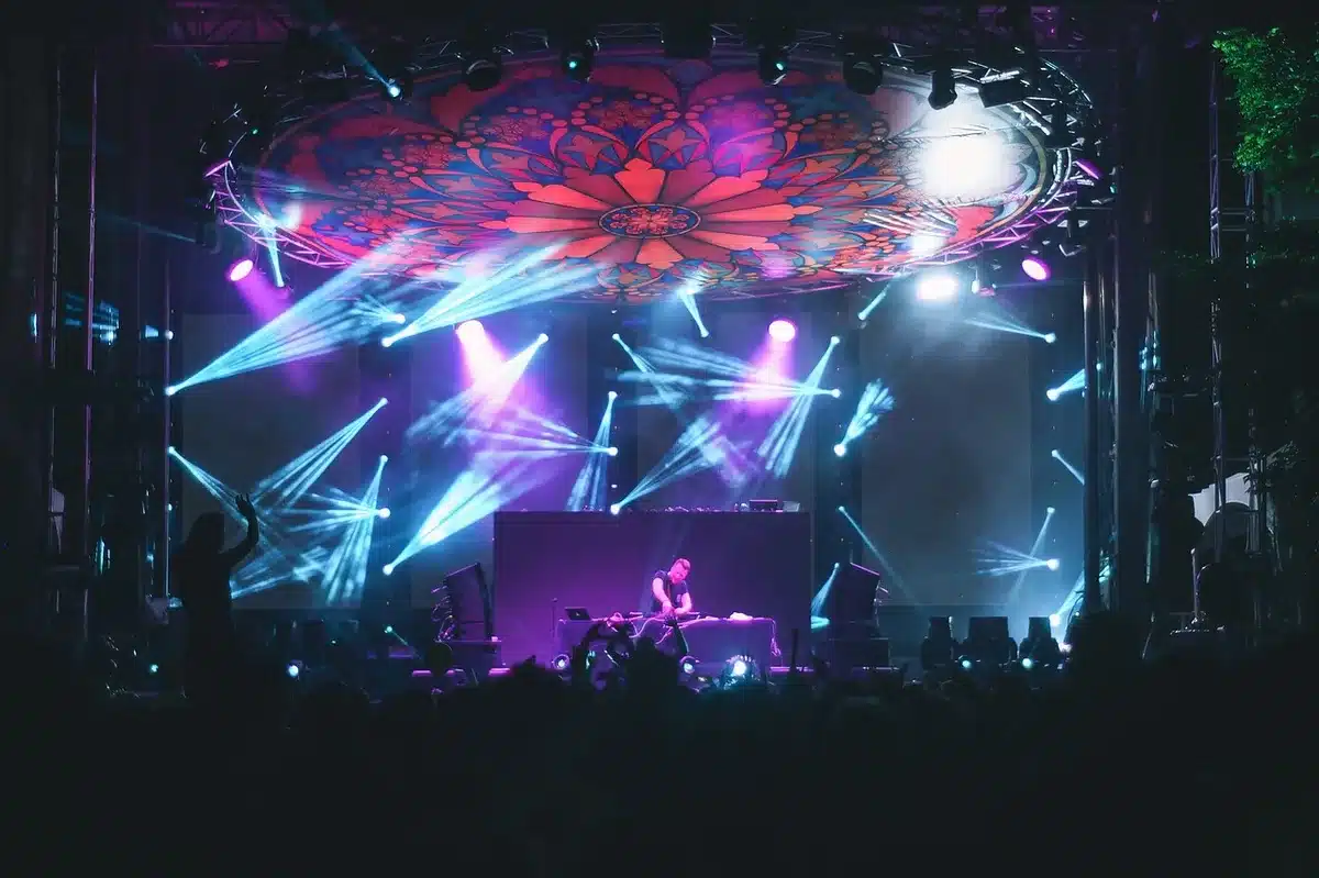 Audience illuminated as they respond to an announcement during a concert