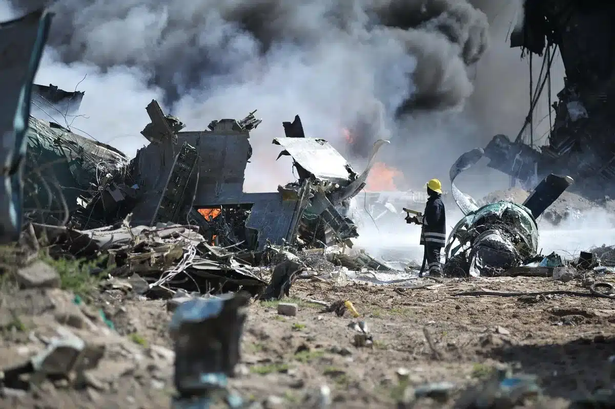 A generic rescue helicopter near wreckage in a rural landscape