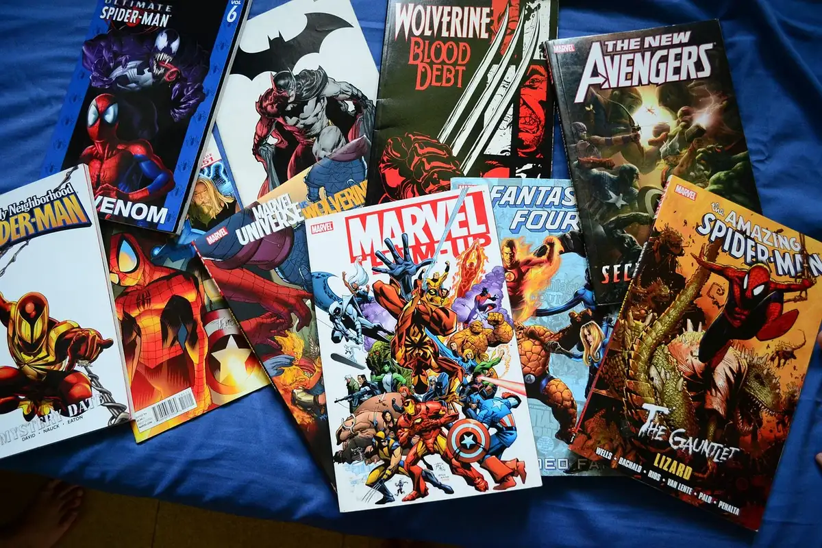 A small stack of vintage comic anthology books on a table beside a plain coffee cup, a single cartoon page peeking out to show a Far Side-style single panel (no visible faces or names)