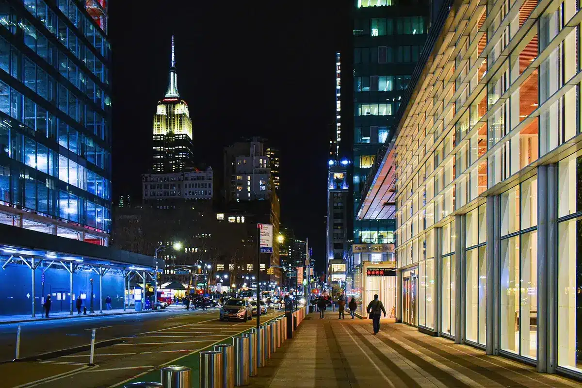 Handheld camera view of New York streets at night