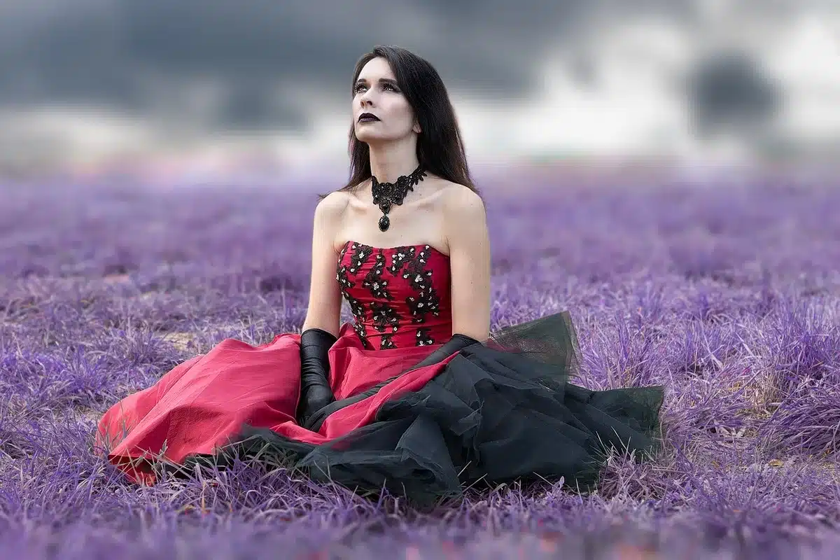 Gothic Victorian costume and shadowed interior on a film set
