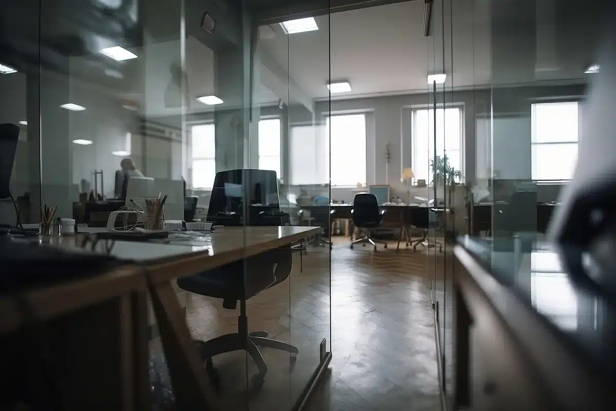 A lone empty office chair beside a piano, a stack of sheet music on the floor and a turned-off desk lamp suggesting the absence of a long-serving music executive