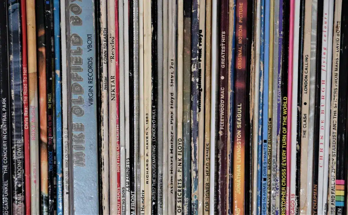 Close-up of an album sleeve showing a printed tracklist