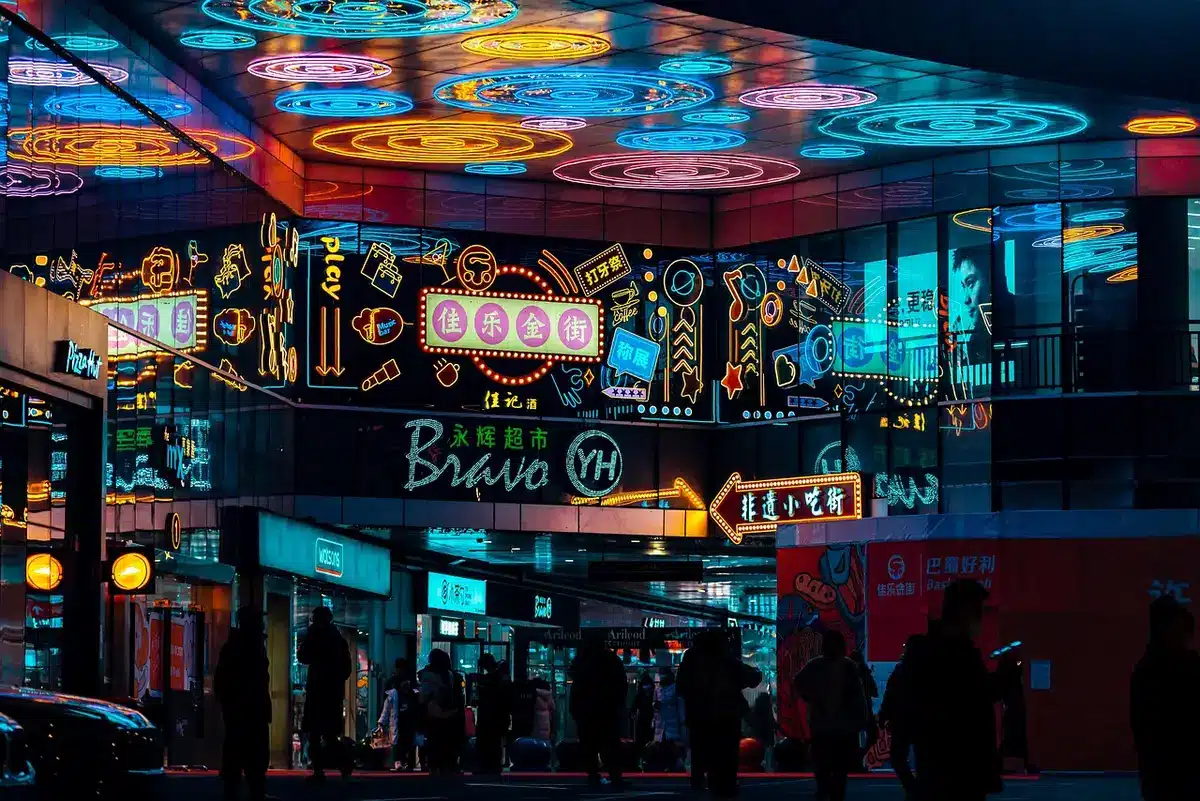 Neon-lit city street evoking 1980s crime drama