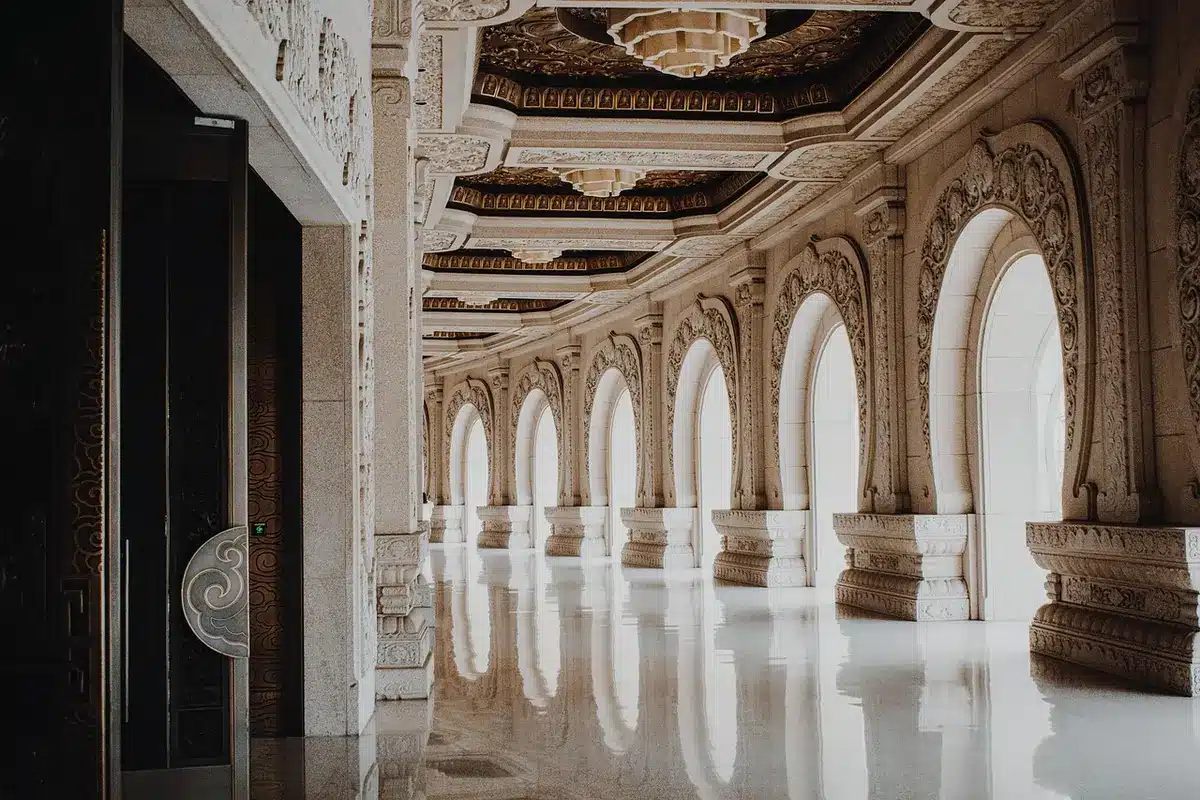 Long corridor inside a historic performance building with an anonymous silhouette carrying a violin case, rows of closed doors to rehearsal rooms — quiet before the event
