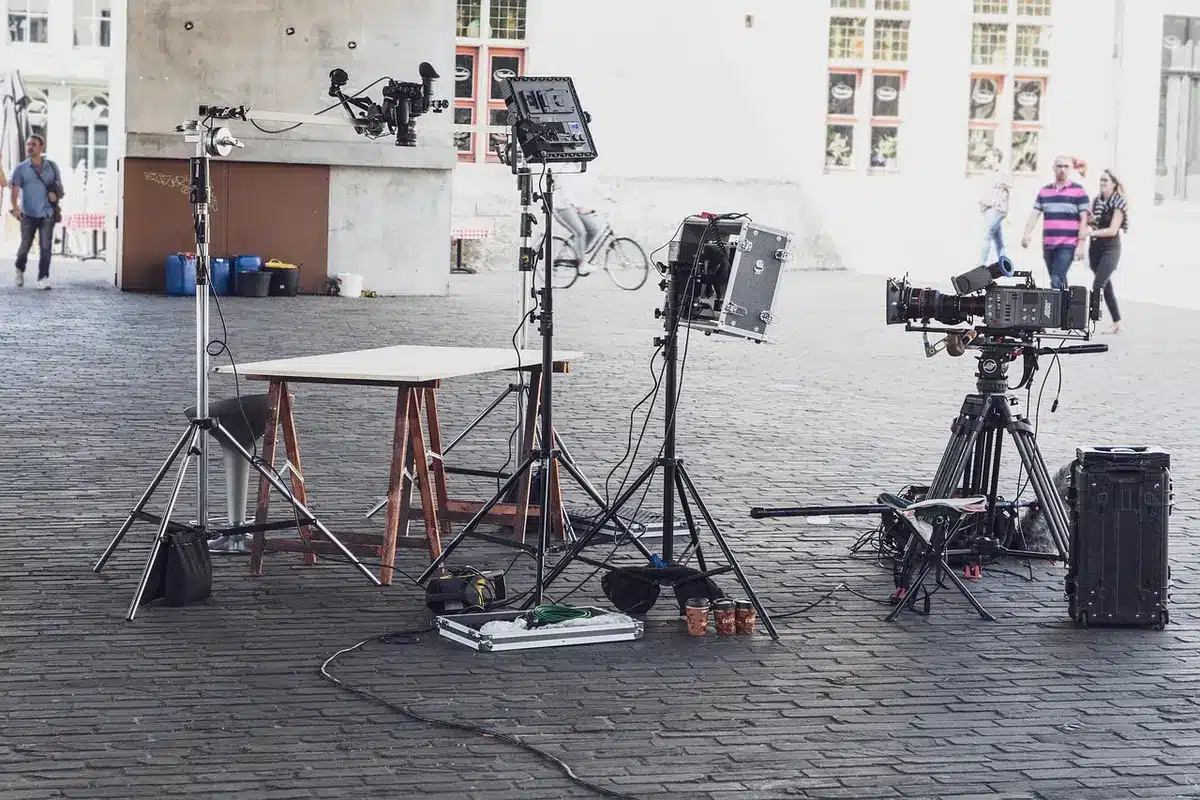 Film crew setting up on location in a small Kentucky town