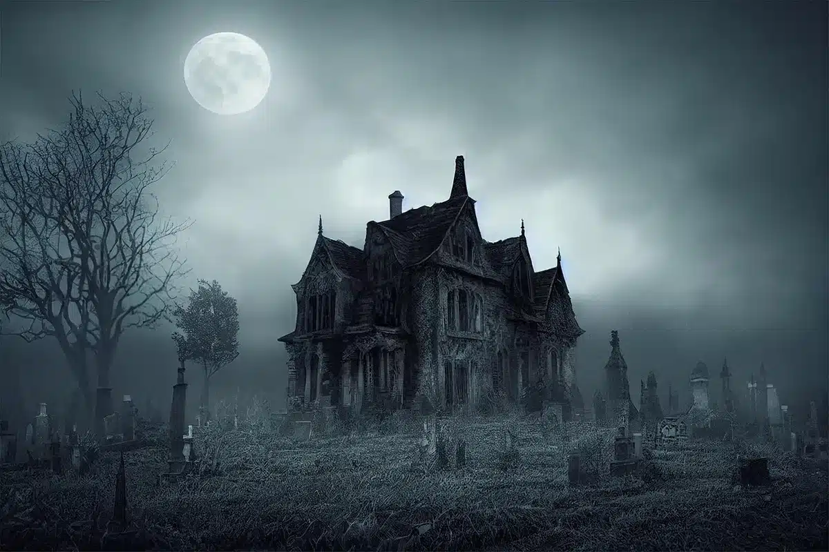 Shadowy vampire silhouette near a gothic manor to suggest Lady White's return